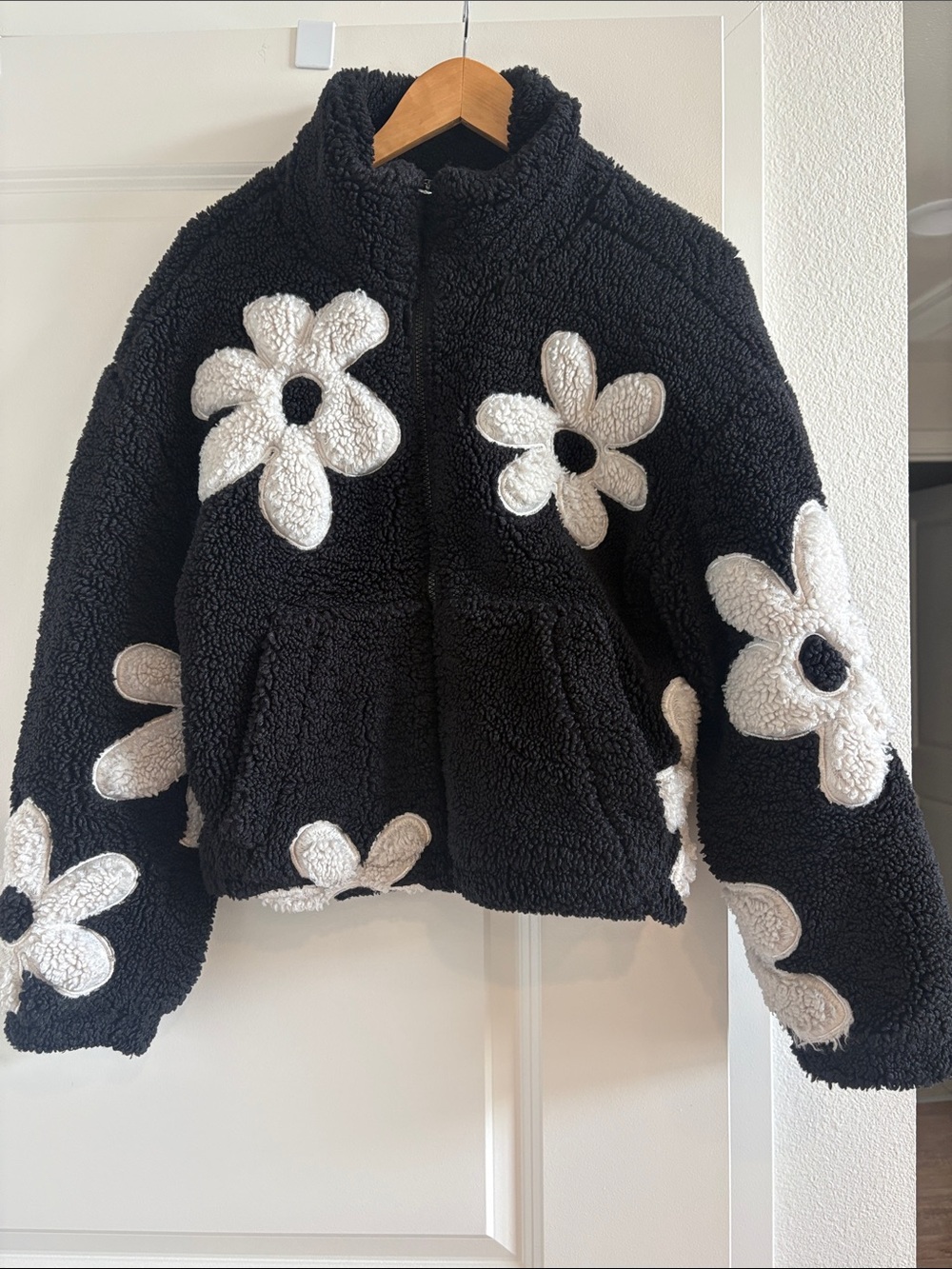 Black Sherpa Jacket with White Daisy Appliqués
